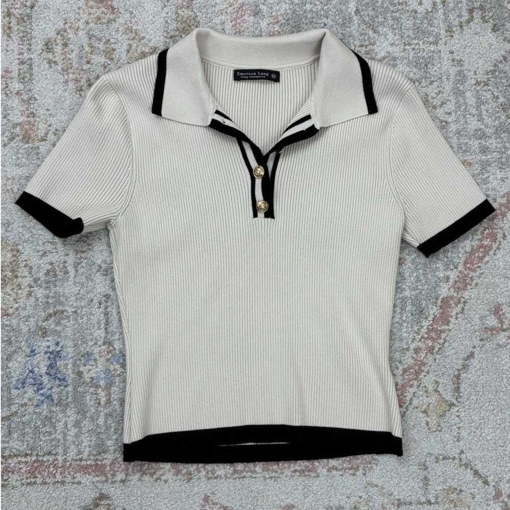 Emerson Lang M Old Money Ribbed Knit Polo Sweater Quiet Luxury Preppy Coquette